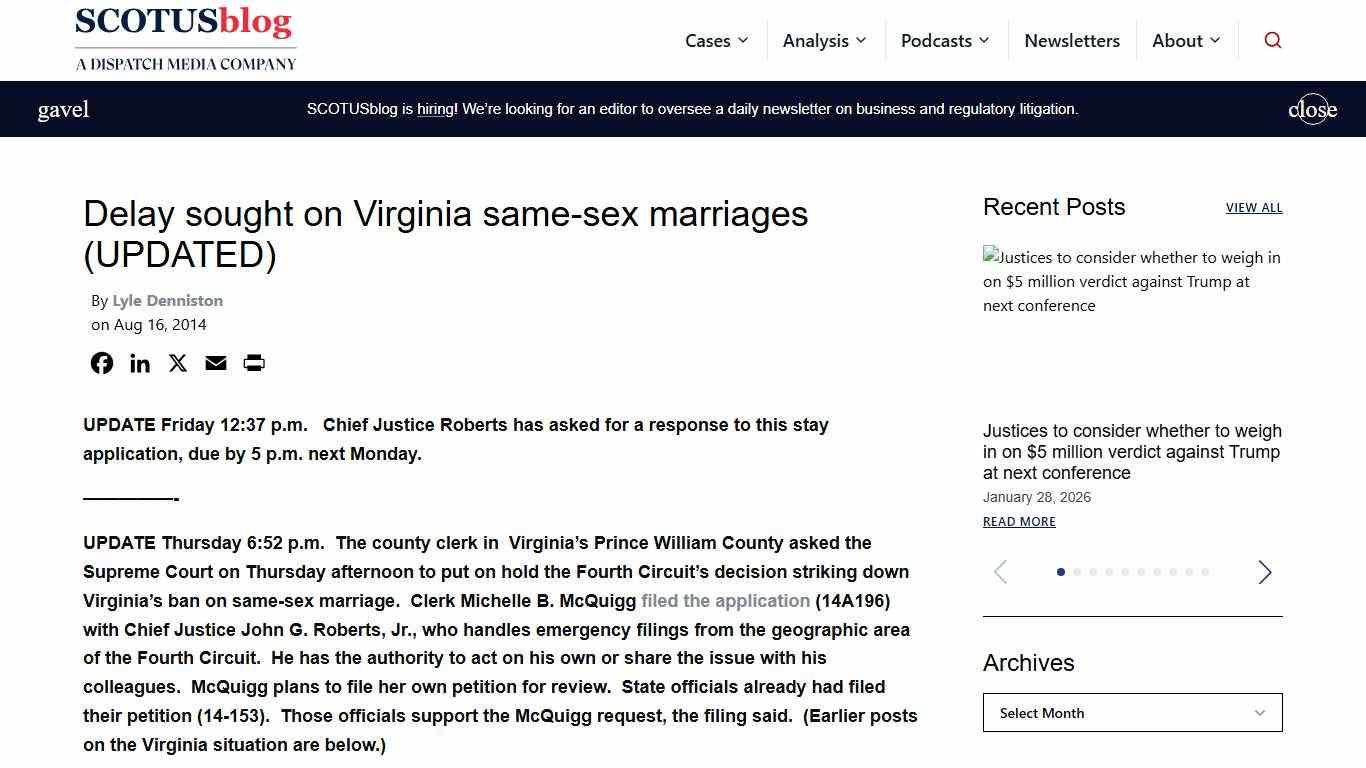Delay sought on Virginia same-sex marriages (UPDATED) - SCOTUSblog